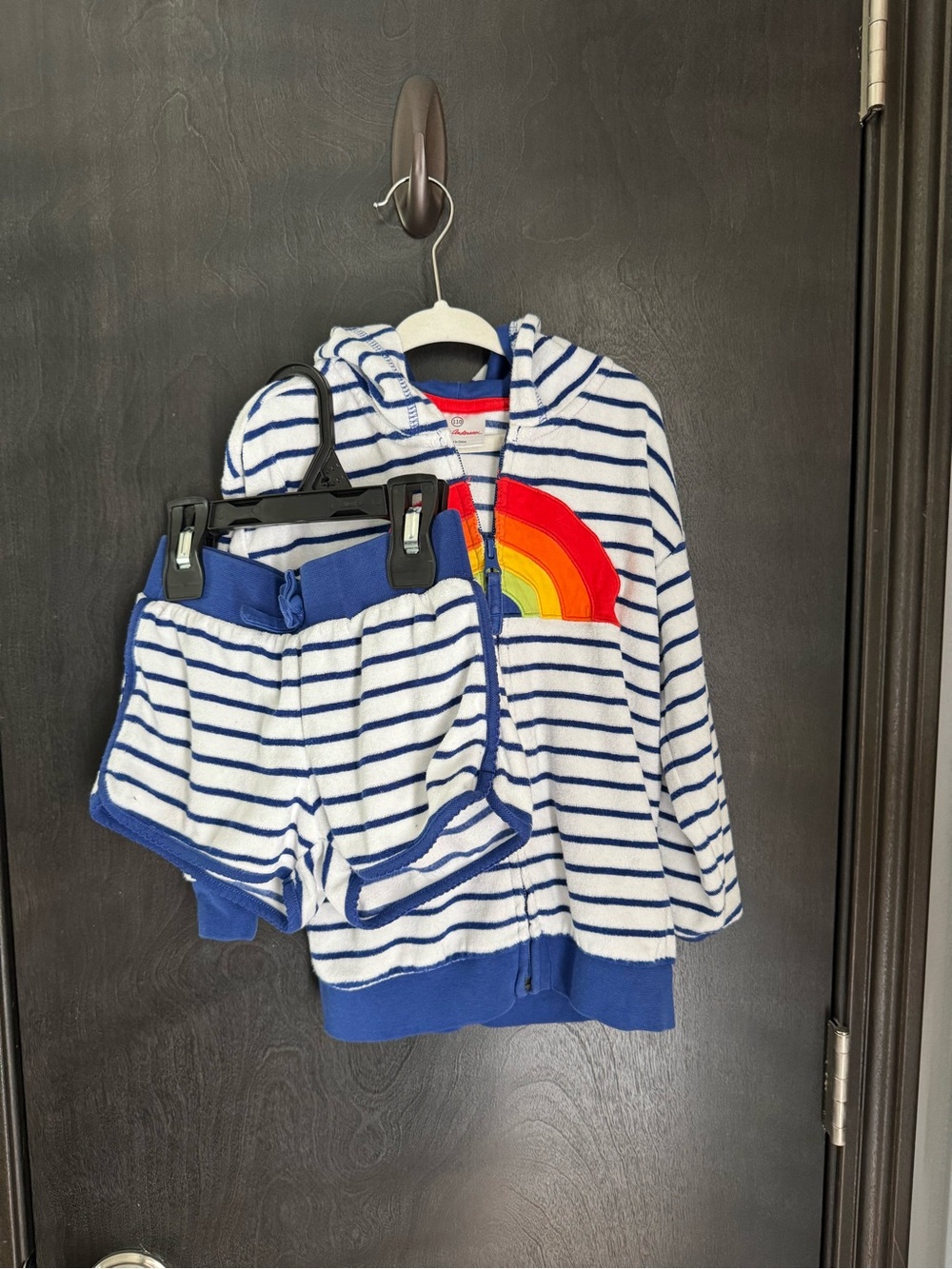 Striped Hoodie & Shorts Set with Rainbow Patch - White & Blue